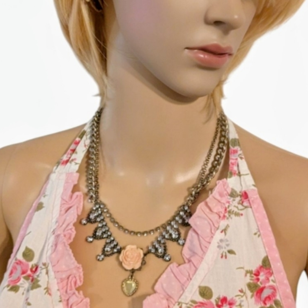 Vintage Betsey Johnson Iconic Collection Charm Rose Heart Necklace
